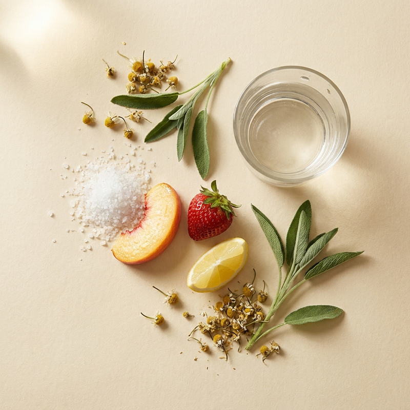 Composition éditoriale de minéraux et botaniques sur papier crème — les 11 actifs essentiels d'AUA Hydrate