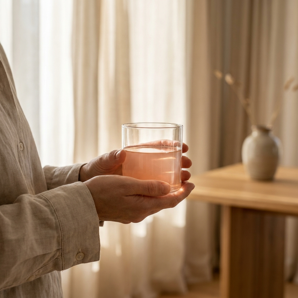 Mains tenant un verre d'eau légèrement teinté en lumière du matin — rituel d'hydratation quotidien