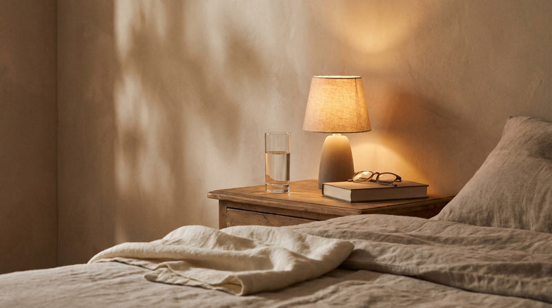 Verre d'eau posé sur une table de chevet à la lumière d'une lampe, rituel du soir pour limiter les crampes nocturnes