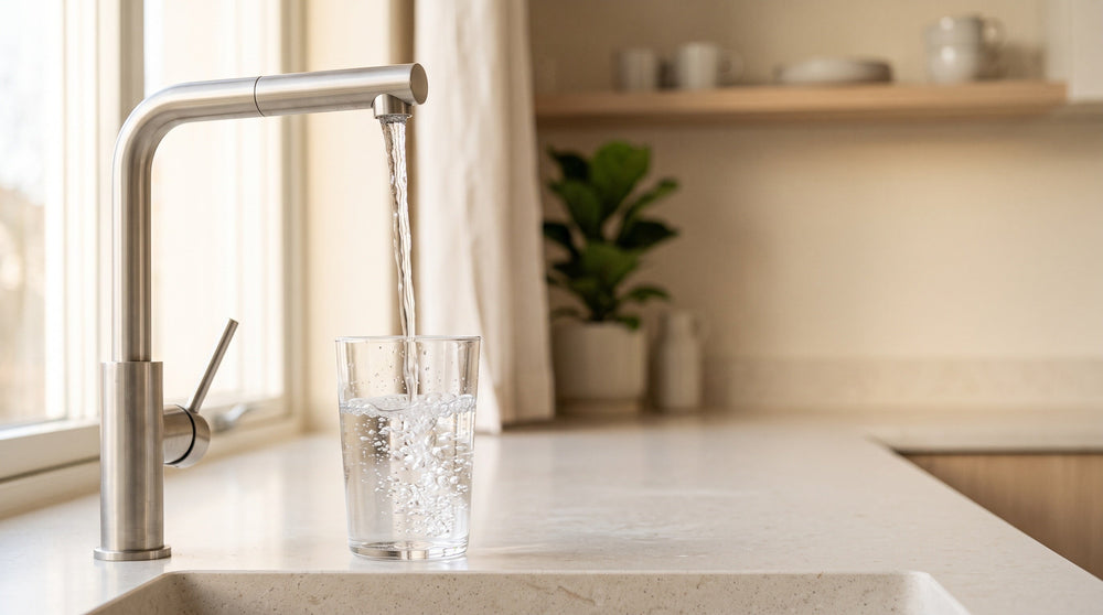 Verre rempli au robinet dans une cuisine, lumière du matin — l'eau du robinet suisse au quotidien