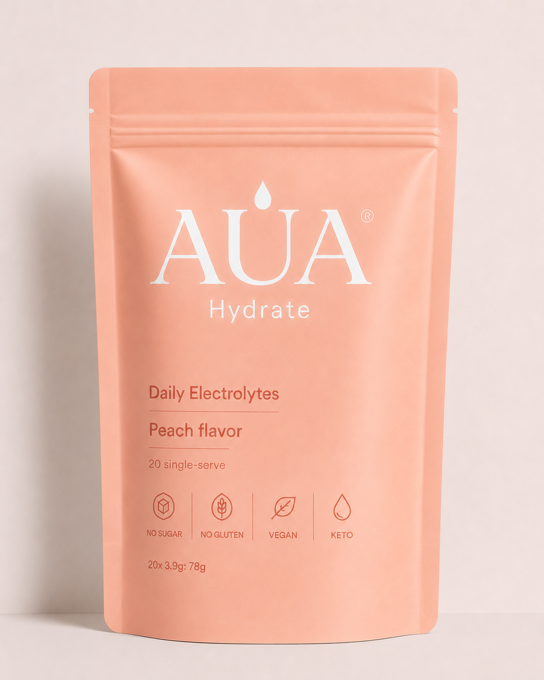 AUA Hydrate Pêche — face du pouch